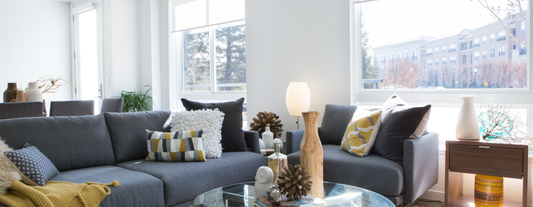 a living room with a large window